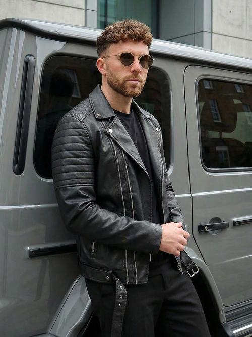 Herren Lederjacke Schwarz OZONEE JS/11Z8069