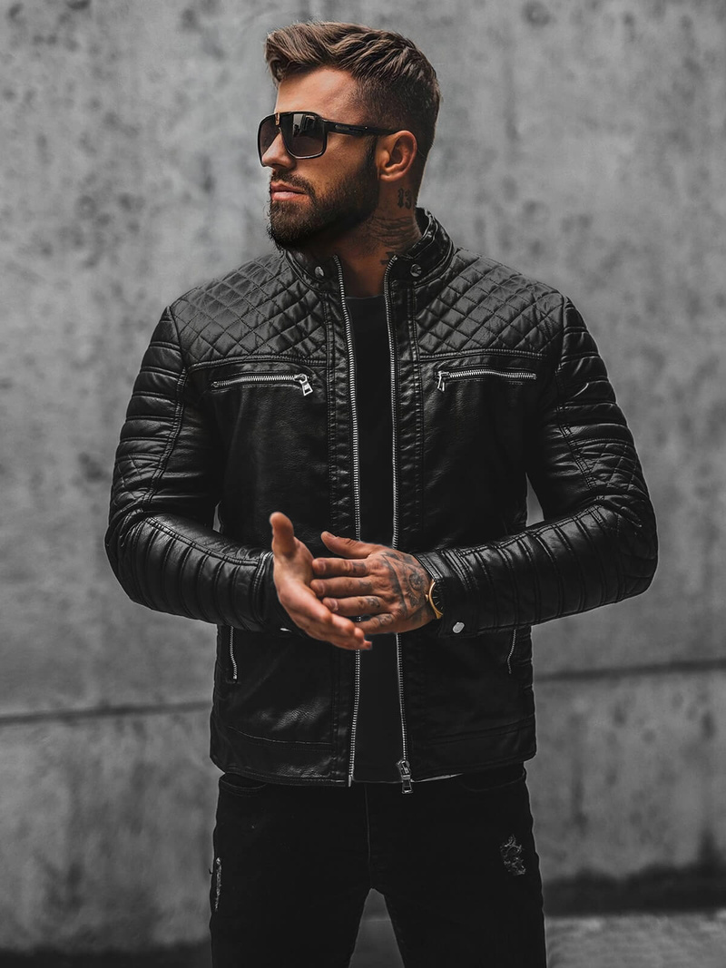 Herren Lederjacke Schwarz OZONEE JS/11Z8002Z