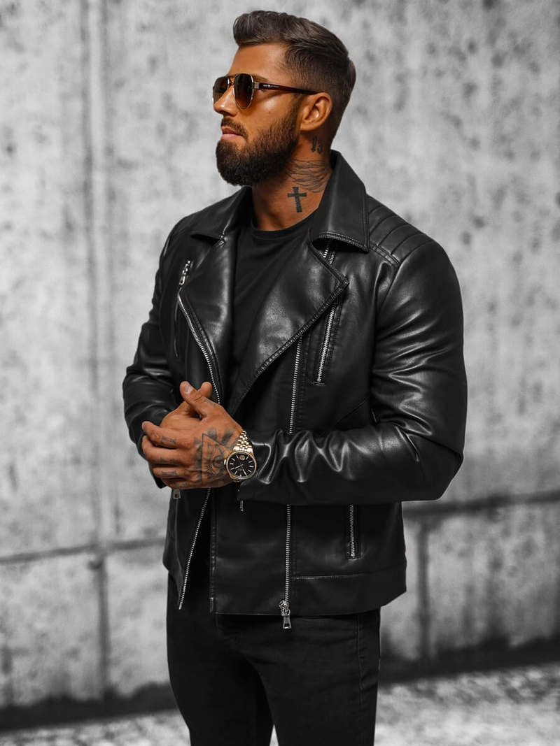 Herren Lederjacke Schwarz OZONEE JS/11Z8056